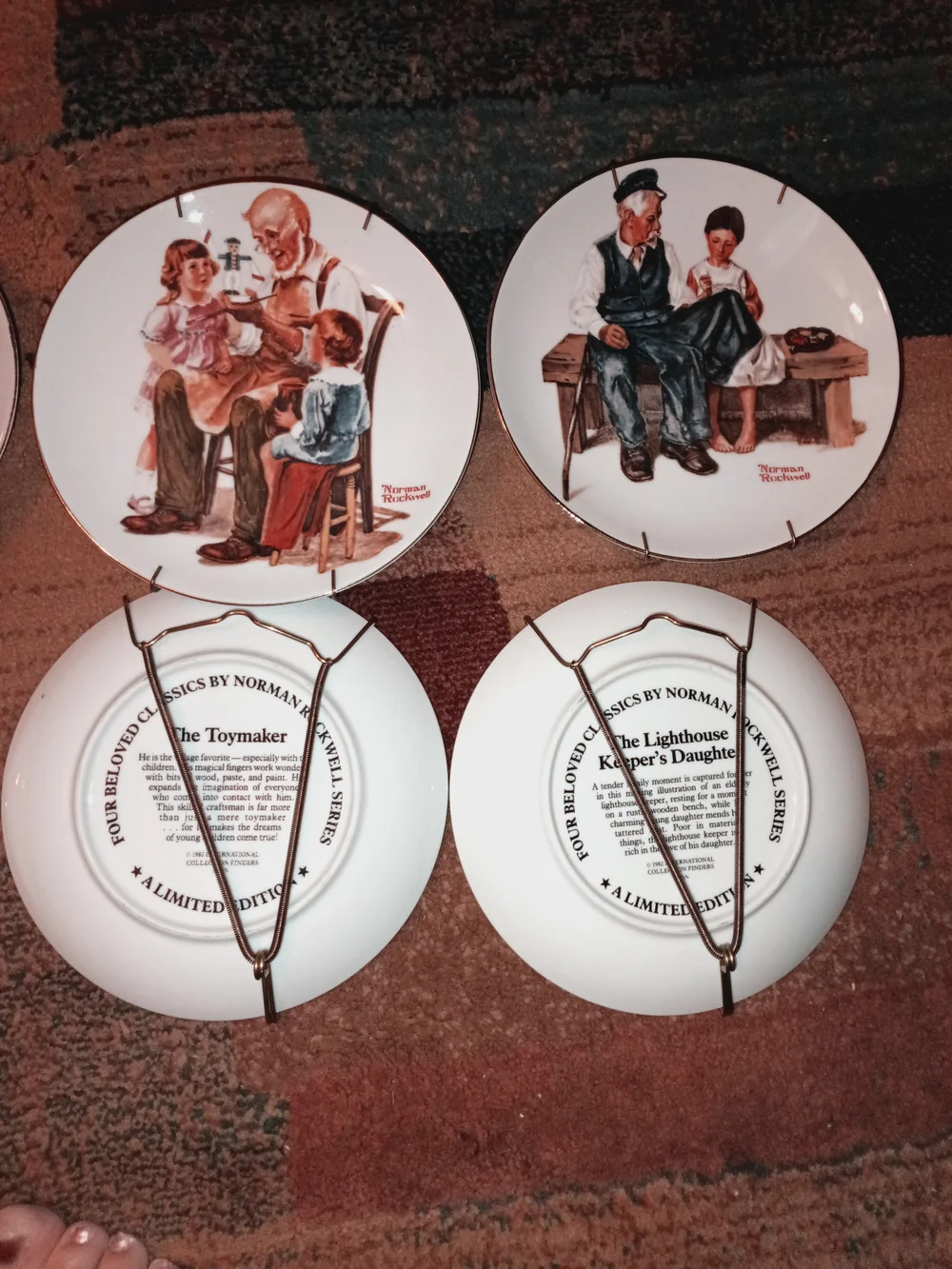Norman Rockwell Decorative Collector Plates Set - White, Brown, Blue, Gold Trim